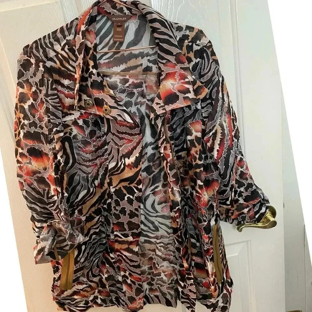 MULTIPLES Multicolor Long Sleeve Collared Print Zip Up Top Size Large